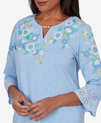Women's Caribbean Blues Floral Embroidered Split Neck Top