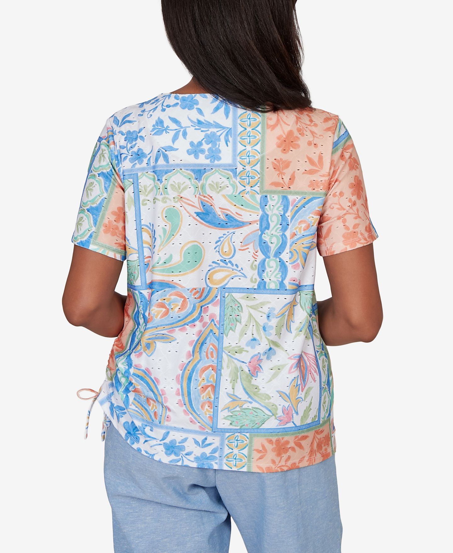 Женская футболка Alfred Dunner Caribbean Blues Patchwork Scroll Side Tie Ruched, цвет: Зелёный разноцветный — фото 4