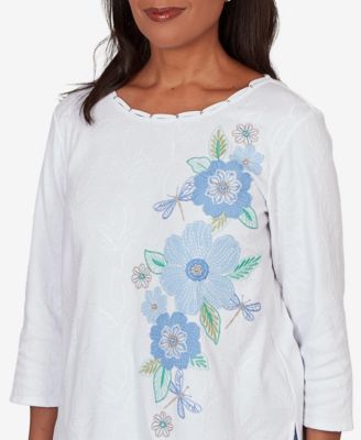 Women's Caribbean Blues Embroidered Dragonfly Floral Top