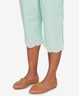 Petite Caribbean Blues Eyelet Embroidered Cuff Capri Pants
