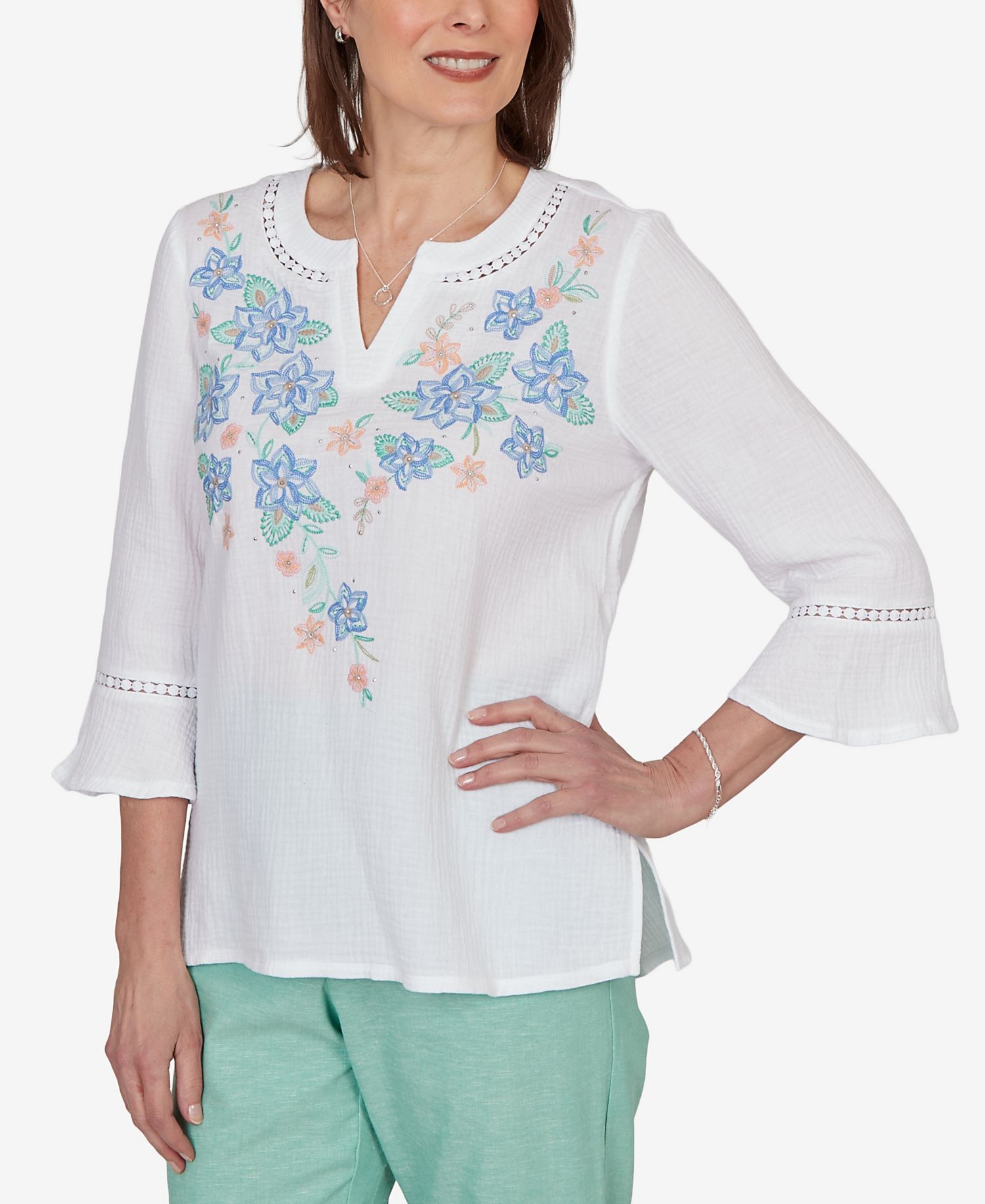 Petite Caribbean Blues Tropical Floral Split Neck Embroidered Top