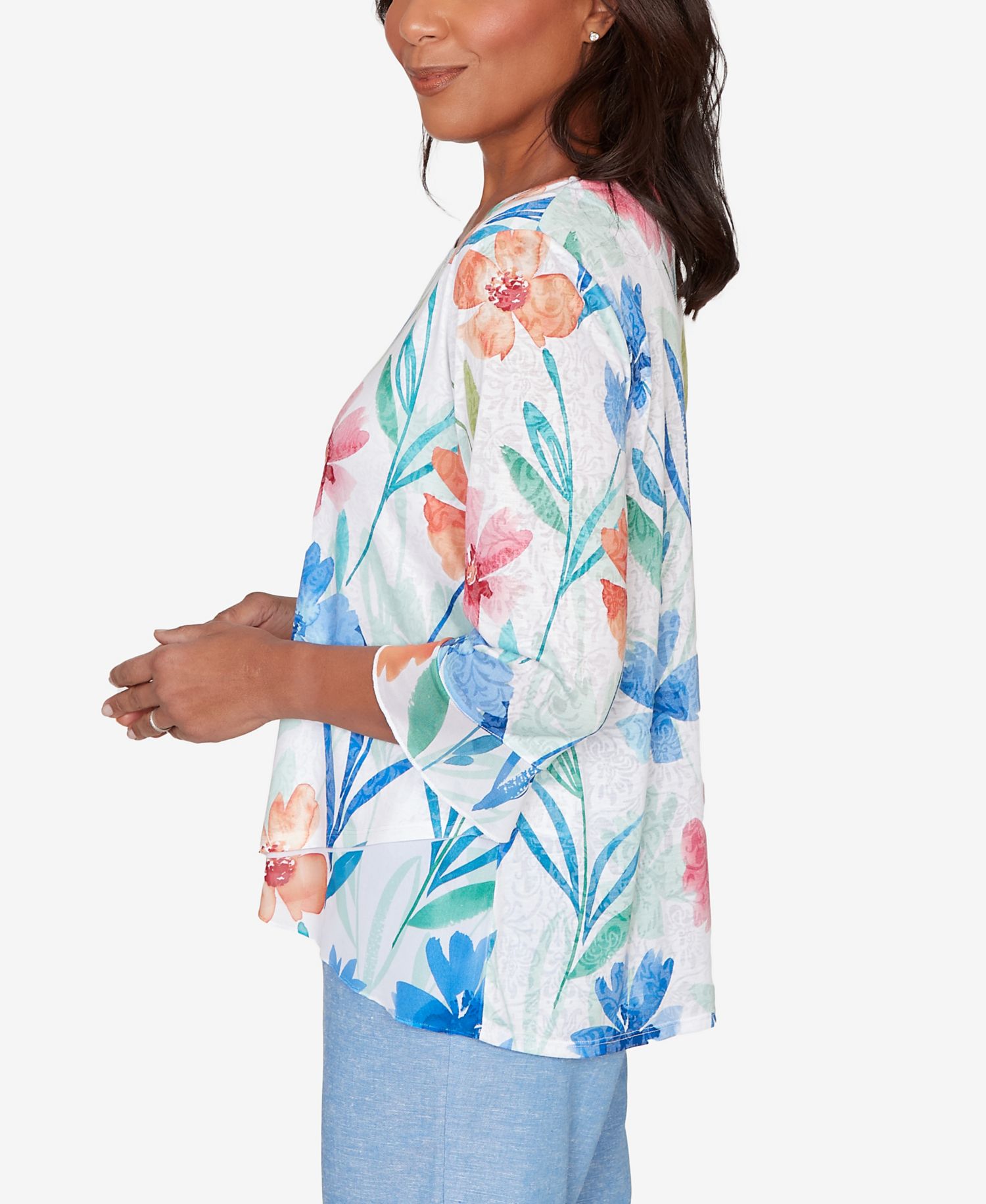 Petite Caribbean Blues Whimsical Flower Bell Sleeve Top