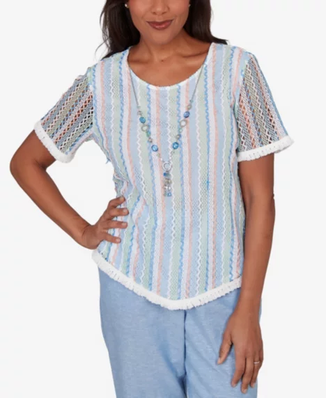 Petite Caribbean Blues Textured Stripe T-Shirt with Necklace - Blue Multi
