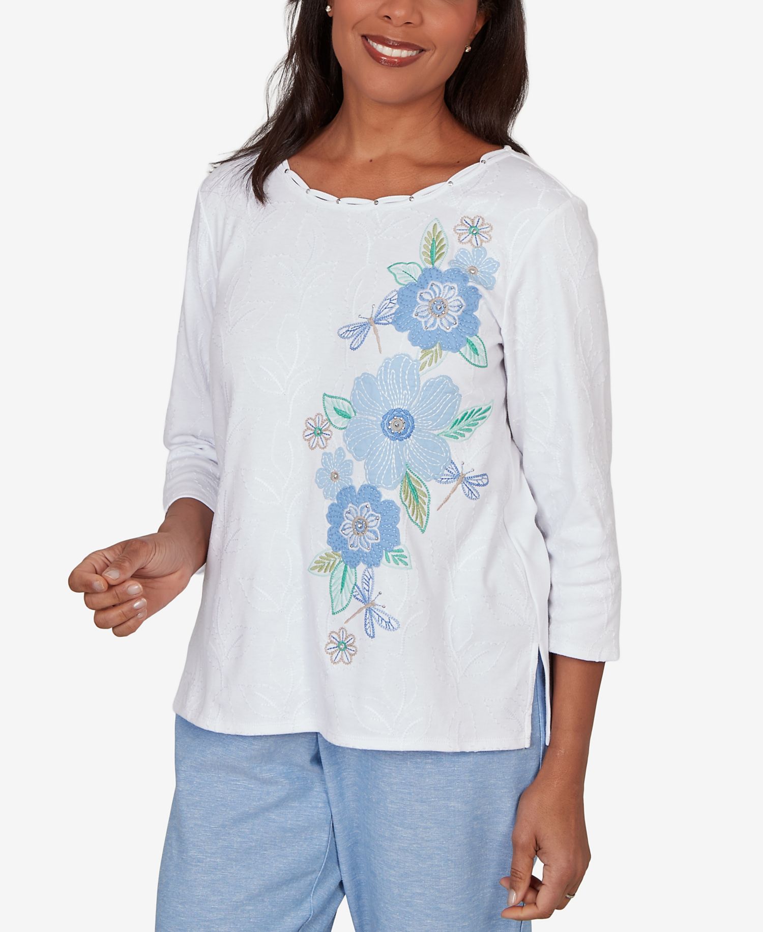 Petite Caribbean Blues Embroidered Dragonfly Floral Top