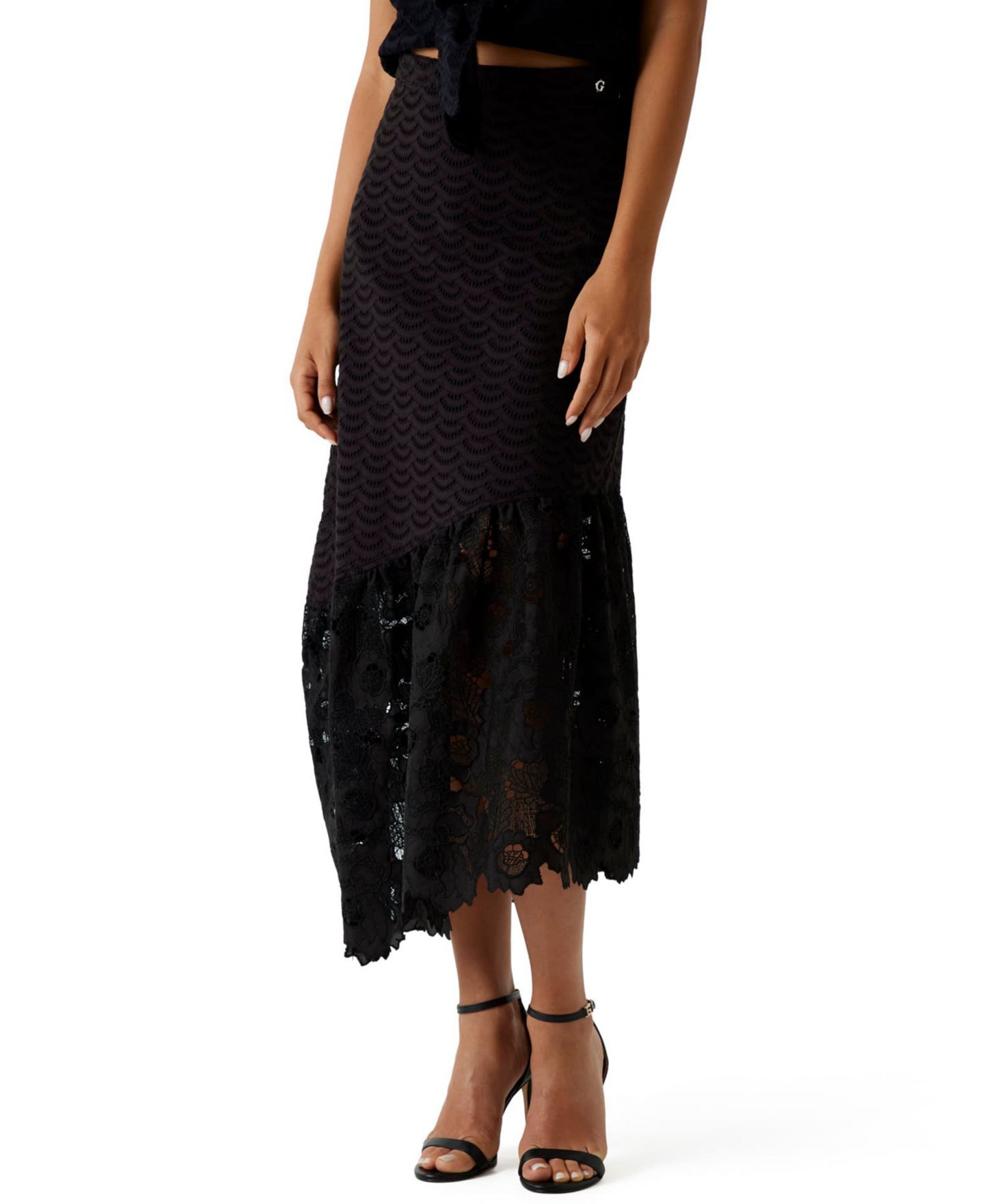 Женская юбка GUESS Sharon Eyelets Flared Midi, цвет: Угольно-чёрный — фото 1
