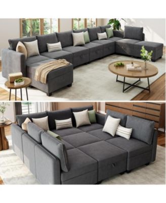 Modular Sofa Sectional Sleeper Couch with 2 Ottomans, 9 Seat Convertible U Shaped Modular Couch with Storage, Oversized Sofa Sleeper