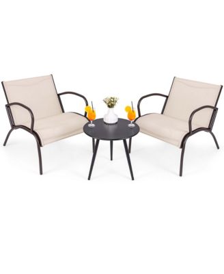 3 Piece Patio Chair Set Curved Fabric Seat Round Coffee Table for Backyard
