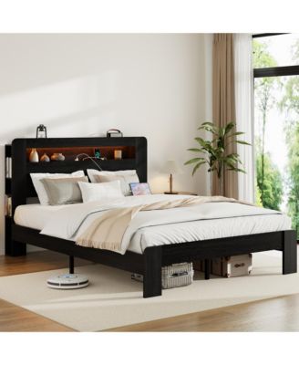Wood Platform Bed Dark LED Storage Headboard 2 USB Charging Noise Free