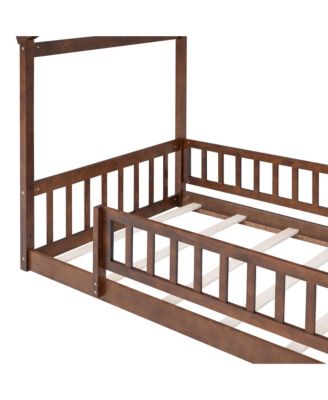 Wood House Bed Walnut Roof Fence Pine Wood Frame 7 Slats Kids Teens