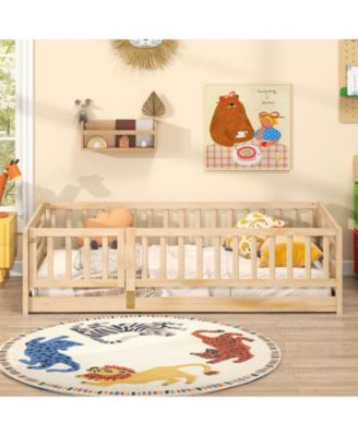 Twin Floor Bed with High Fence and Door Playhouse Design