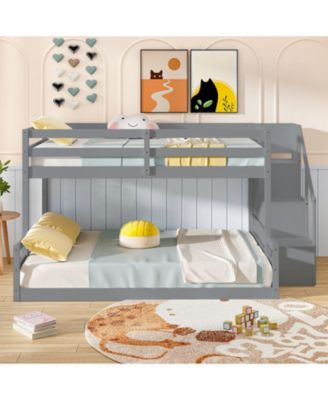 Solid Wood Twin Over Full Low Bunk Bed with Storage Stairs