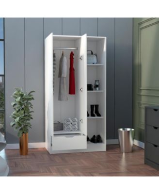 Memphis Wardrobe Armoire with 4-Tier Shelves 1 Drawer Hanging Rod