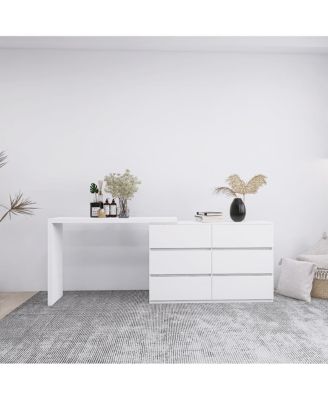 Extended Desktop 6 Drawers Chest White Vanity Dresser with Adjustable Desk Top Handle Free Design