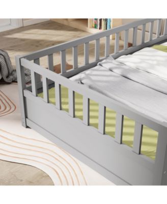 Montessori Wooden Floor Bed With Support Slat High Barrier And Door For Kids