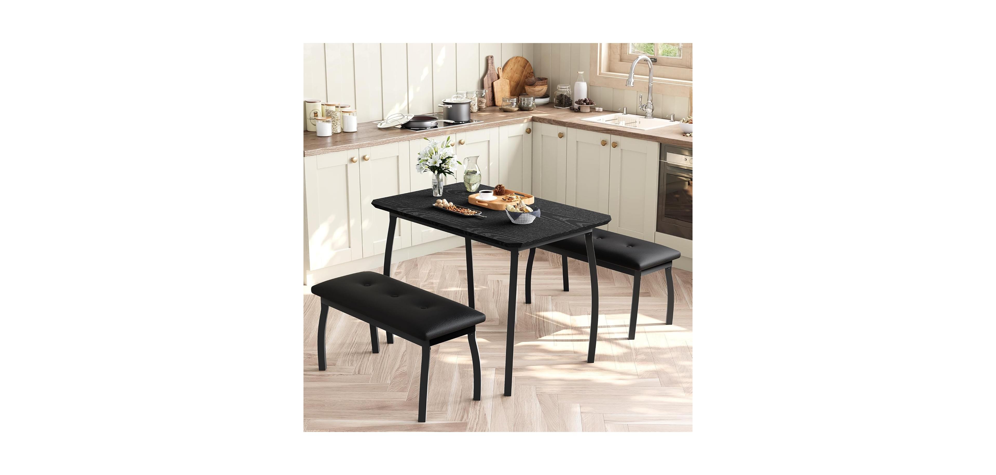 gaomon Dining Table Set for 4, Metal Frame Kitchen, 3Pcs Room Furniture Apartment, Studio, Home, Easy Assembly