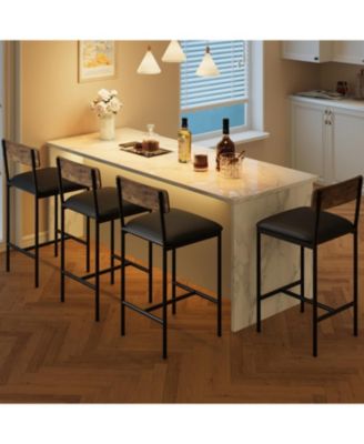 4 Bar Stools Set, 25.5" Leather Counter Stools with Back and Metal Legs, Modern Kitchen Island Chairs