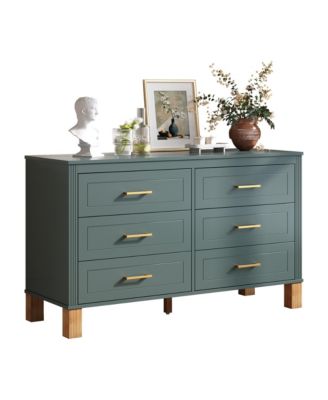 6 Drawer Double Dresser Modern Mid Century Storage Cabinet and Solid Wood Legs Metal Handles for Bedroom Kids Room Living Room
