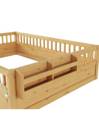 Wood Montessori Floor Bed with High Rails LED Light and Reversible Storage Shelf