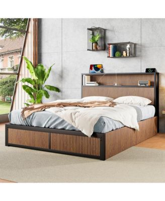 Wooden Platform Bed With Multiple Drawers Storage Socket Wood