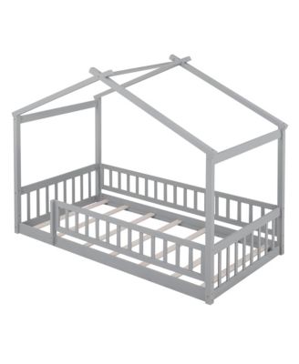 Wood House Bed Roof Fence Pine Wood Frame 7 Slats Kids Teens
