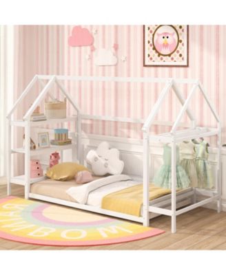 Twin Montessori Floor House Bed with Detachable Storage Shelves