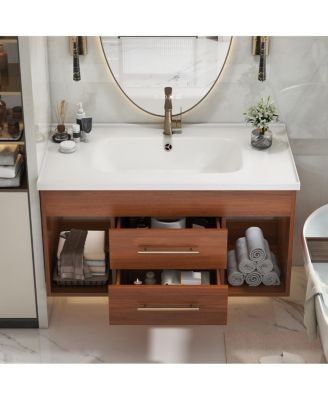 35.4" Mid-Century Wall Mounted Bathroom Vanity with Integrated Ceramic Sink, Walnut Solid Wood, Soft Close Drawers, Open Shelves