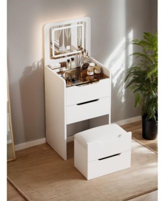 Space Saving Small Vanity Table with Basic Standard Mirror and Cushioned Stool Makeup