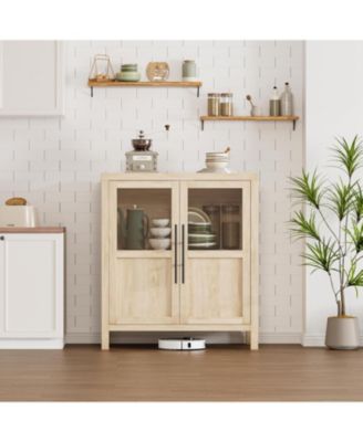 Sideboard Buffet Cabinet with Two Glass Doors Compact Modern Farmhouse Storage Natural