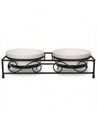 Ceramic Pet Bowl Set with Metal Stand Paw Print Design Dishwasher Safe