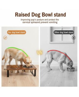 Elevated Dog Bowl Stand with 2 Stainless Steel Bowls Tilted Wood Metal Joint Strain Relief Non-slip