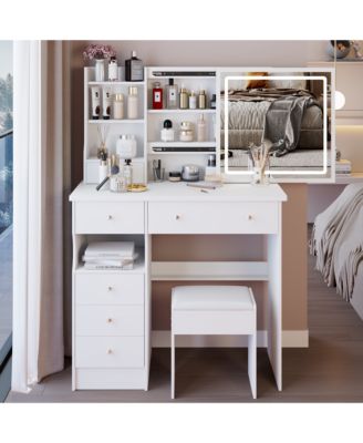 Contemporary 37Medium Tri Color Vanity Table with Left Drawer Mirror and Cushioned Stool