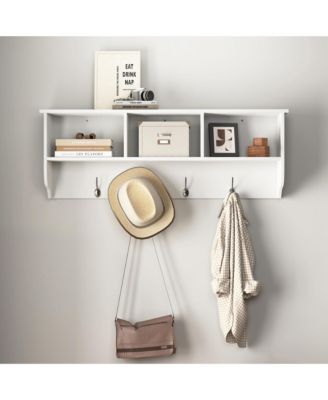 Wall Mounted Coat Rack - Wooden Storage Shelf with 4 Dual Hooks and 3 Shelves for Living Room