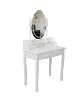 Princess Vanity Desk Set with Mirror Cushioned Stool 4 Drawer Wooden Makeup Dressing Table for Girls Bedroom