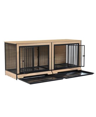 Double Room Dog Crate Furniture – XL Wooden Kennel with Trays for 2 Large Dogs
