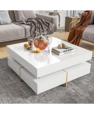 Modern High Gloss Coffee Table, Multi-Storage Square Center Table with 4 Drawers and Wood Grain Legs for Living Room
