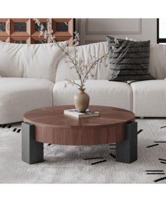 Round Coffee Table with Hidden Storage - Wood Parquet Veneer Top Table, 3 Block Legs, Center Accent Table for Living Room.