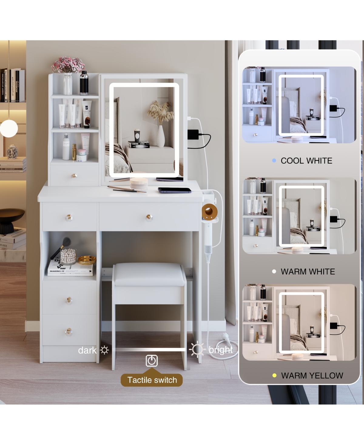Flynama Elegant Modern Wooden Nightstand with 3 Drawers Natural Finish Bedside Table for Bedroom Living Room