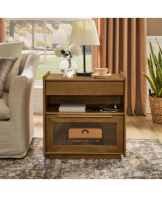 Luxurious Contemporary Walnut Nightstand with 2 Drawers Glass Top Bedroom Storage Furniture