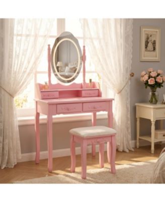 Princess Vanity Desk Set with Mirror Cushioned Stool Light Modes 4 Drawer Wooden Makeup Vanity Table for Girls Bedroom