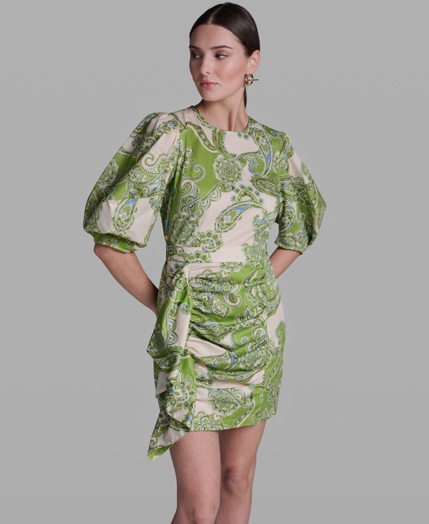 Women's Paisley Print Ruffle Detail Crewneck Dress