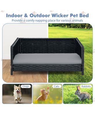Rattan Dog Bed w/ Waterproof Soft Cushion Metal Frame for Medium Small Dogs Cats