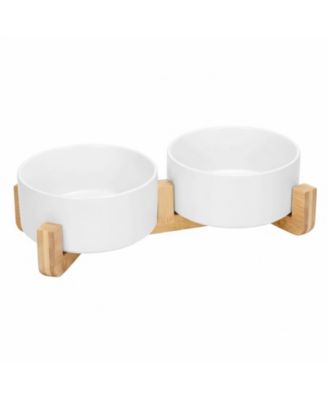 Ceramic Dog Cat Bowl Set with Wooden Stand Modern Weighted Food Water