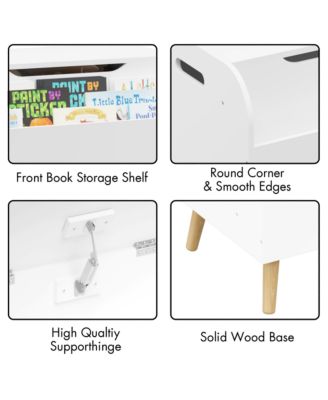 Kids Toy Storage Box - Wooden Toy & Book Organizer with 4 Wood Legs, Front Bookshelf, Flip-Top Lid and Safety Hinge for Playroom