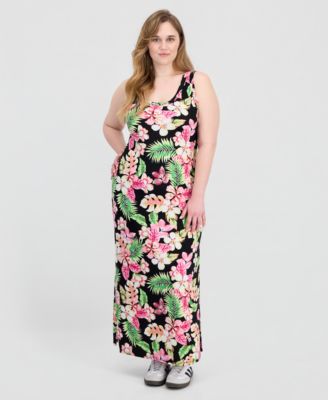 Trendy Plus Size Printed Ribbed Knit Sleeveless Maxi Dress