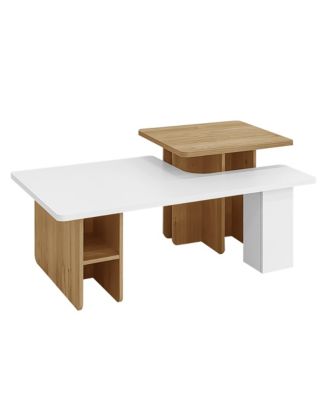 Nesting Coffee Tables Set of 2, Rectangle Wood Finish Center Table with Rounded Corners and Shelf for Living Room