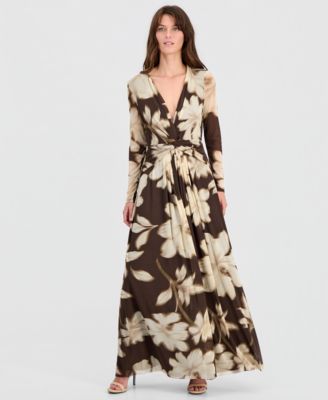 Anne Klein Women's Twist-Front Long-Sleeve Mesh Maxi Dress - Molasses Multi - Size L