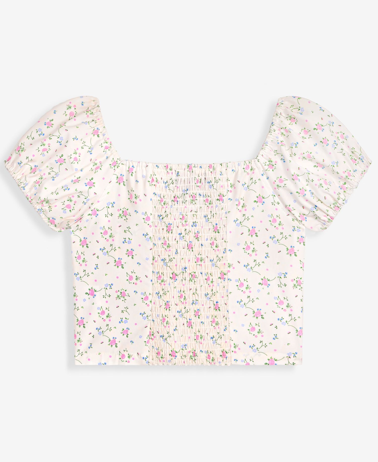 Girls' 7-16 Ruched Floral Print Short-Sleeve Milkmaid Top