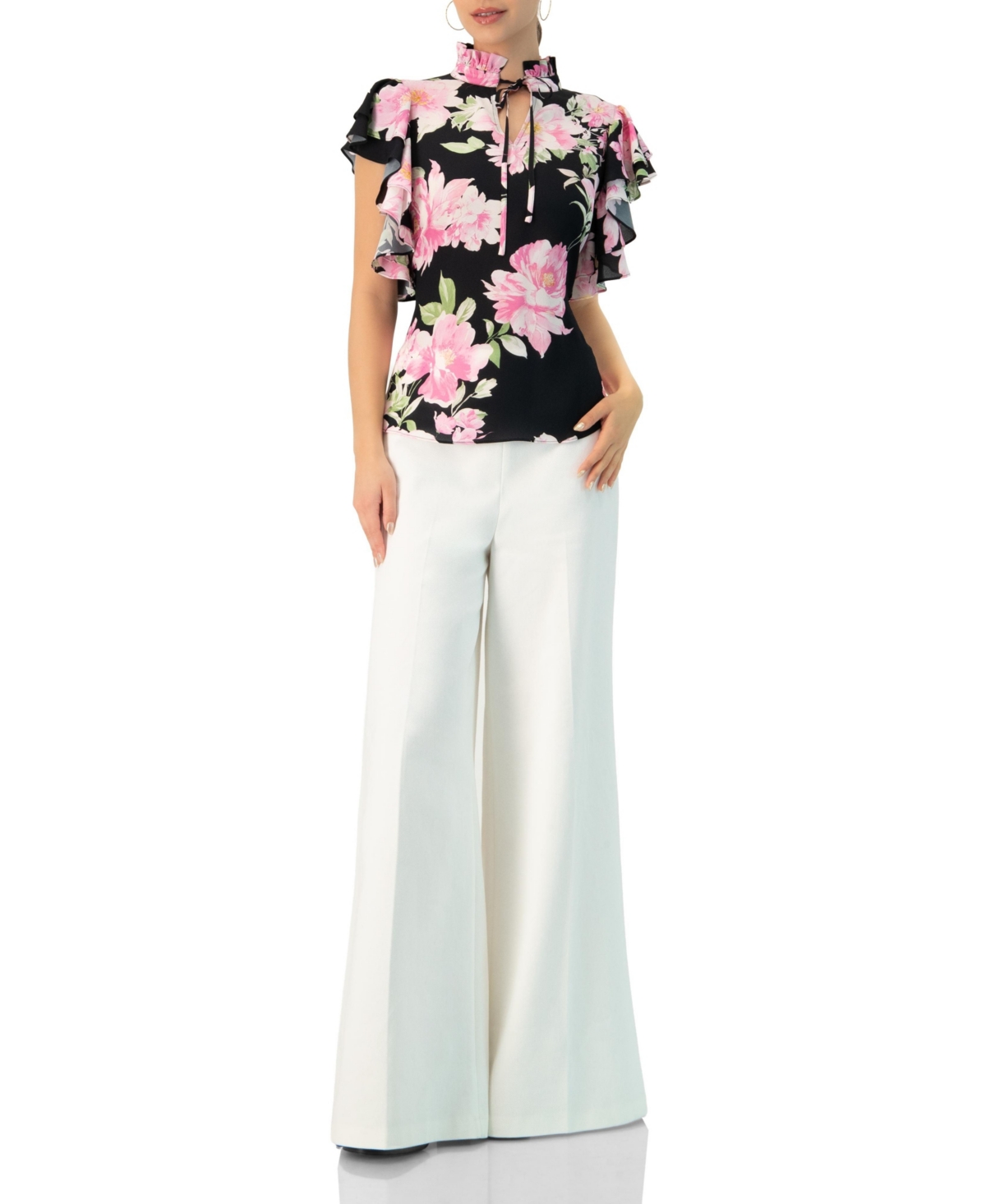 Ivonne Women's Floral Print Blouse with Ruffle Sleeves