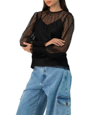 Women's See- Though Polka Dot Smock Sleeve Blouse