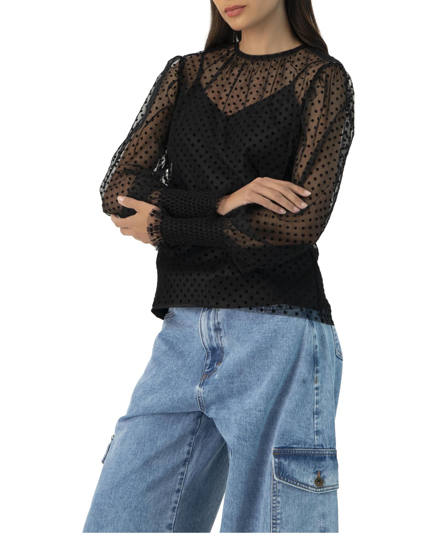 Women's See- Though Polka Dot Smock Sleeve Blouse